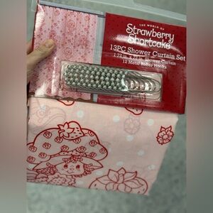 Strawberry Shortcake Pink Shower Curtain Set with Silver Hooks